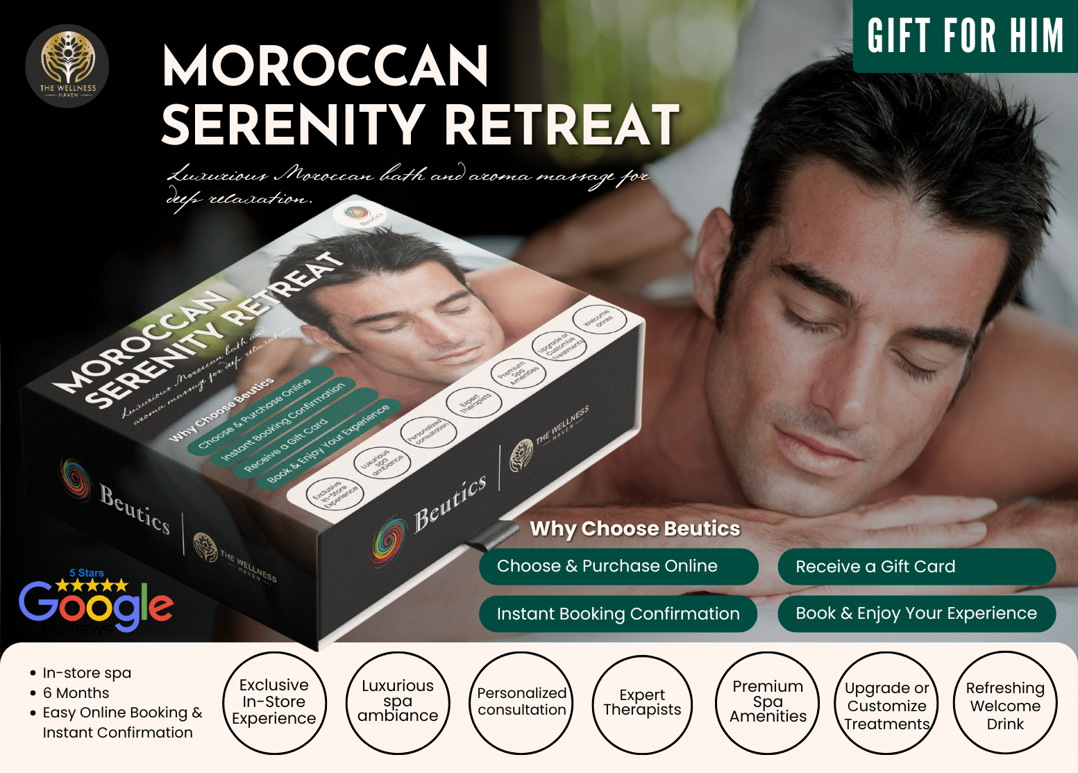 Wellness Haven Spa Moroccan Serenity Retreat — luxurious Moroccan bath and aromatherapy massage for deep relaxation, personalized for him.