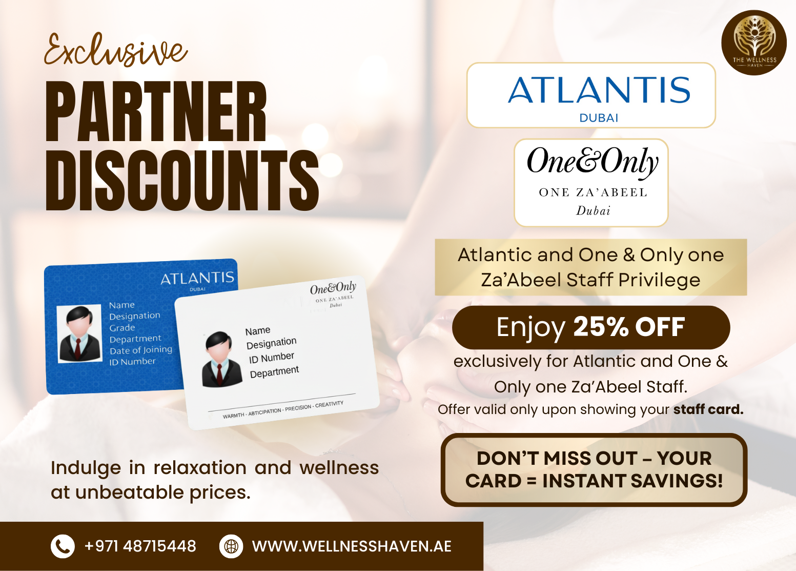 Wellness Haven Spa Staff Discounts— Atlantis Dubai and One&Only One Za’Abeel staff