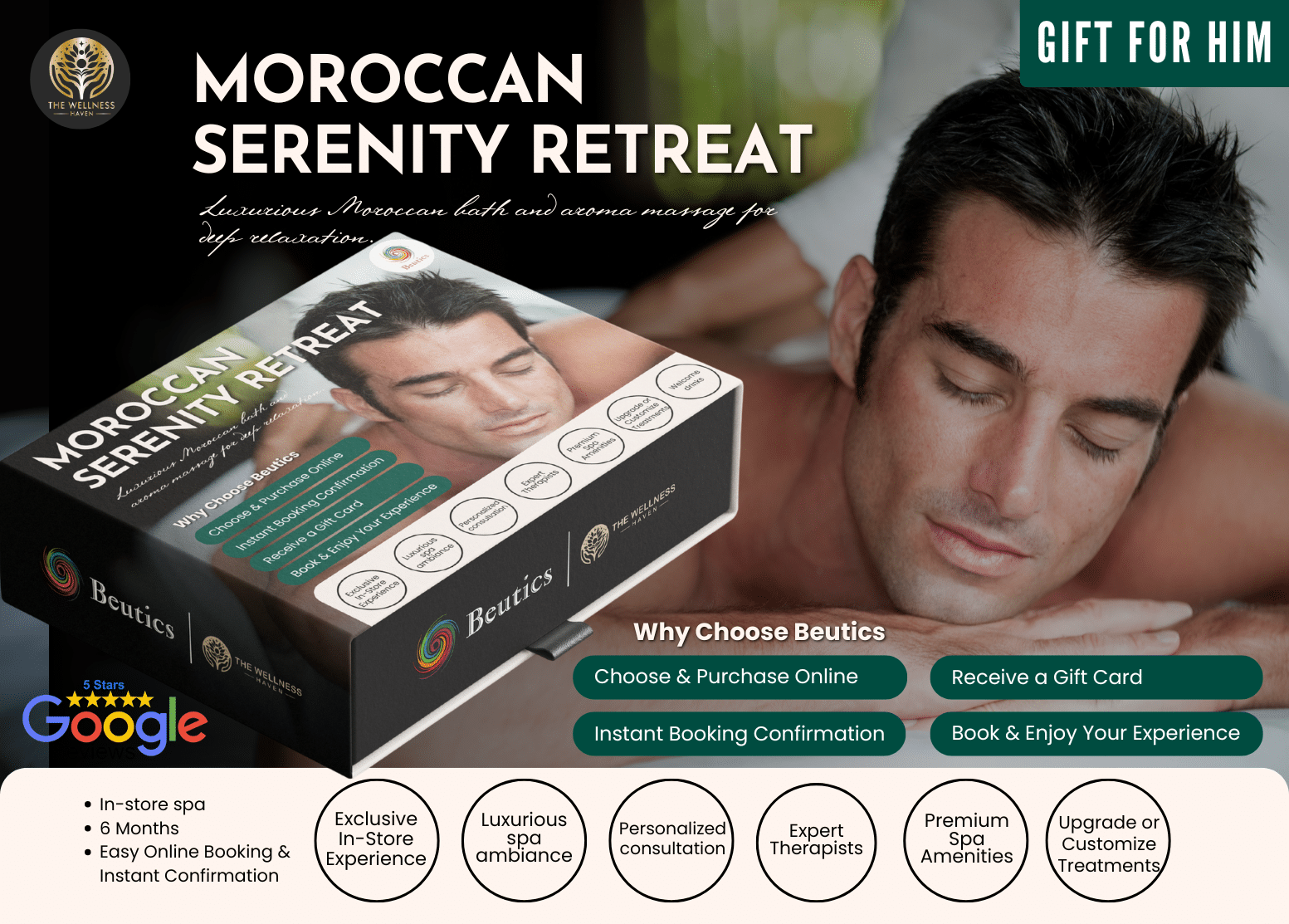 Wellness Haven Spa Moroccan Serenity Retreat — luxurious Moroccan bath and aromatherapy massage for deep relaxation, personalized for him.